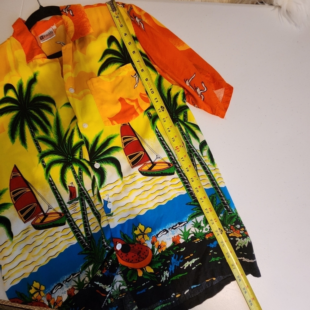 Vintage Hawaii Orange Aloha Shirt Mens Size XL Tropical Beach Sunset Ukulele 90s - Picture 12 of 12